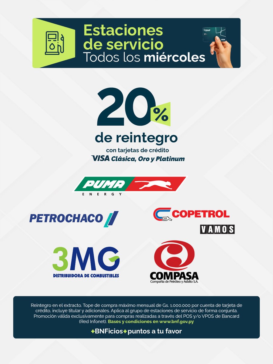 BNF_Py's tweet photo. 💳 ¡Octubre llega cargado de BNFicios!
⠀
Pagá con tu Tarjeta de Crédito VISA  y accedé a promociones en:
⠀
📦 Mayoristas
💊 Farmacias
⛽ Estaciones de Servicio
🛒 Supermercados
🥩 Frigoríficos
⠀
👉 Consultá bases y condiciones en https://t.co/IUPculRlMH https://t.co/rlae1hbKQp