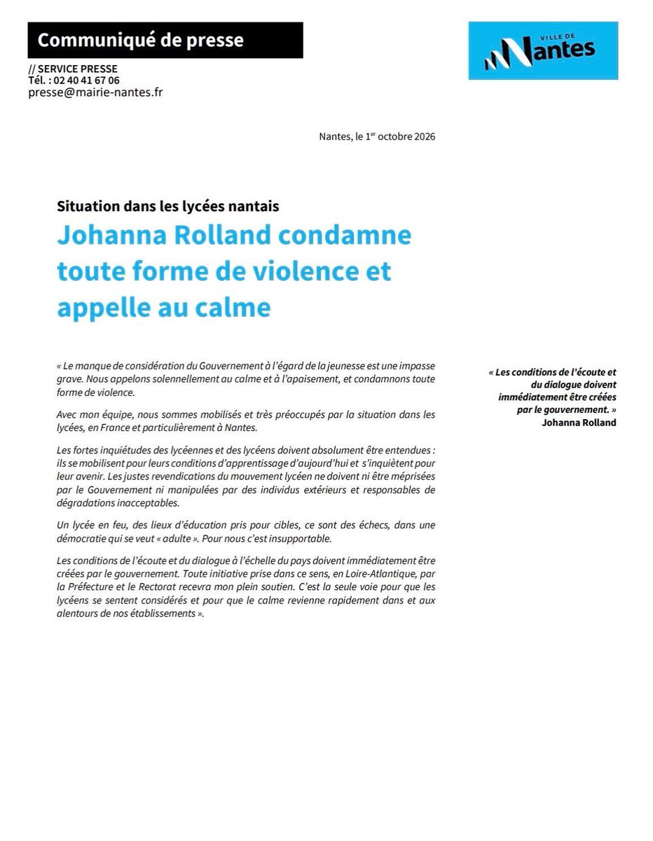 Johanna_Rolland's tweet photo. 1/ J’appelle solennellement au calme et condamne toutes formes de violence. Le manque de considération du Gouvernement à l’égard de la jeunesse est une impasse grave. Il doit immédiatement créer les conditions de l’écoute et du dialogue. https://t.co/9dTC2KGZiV