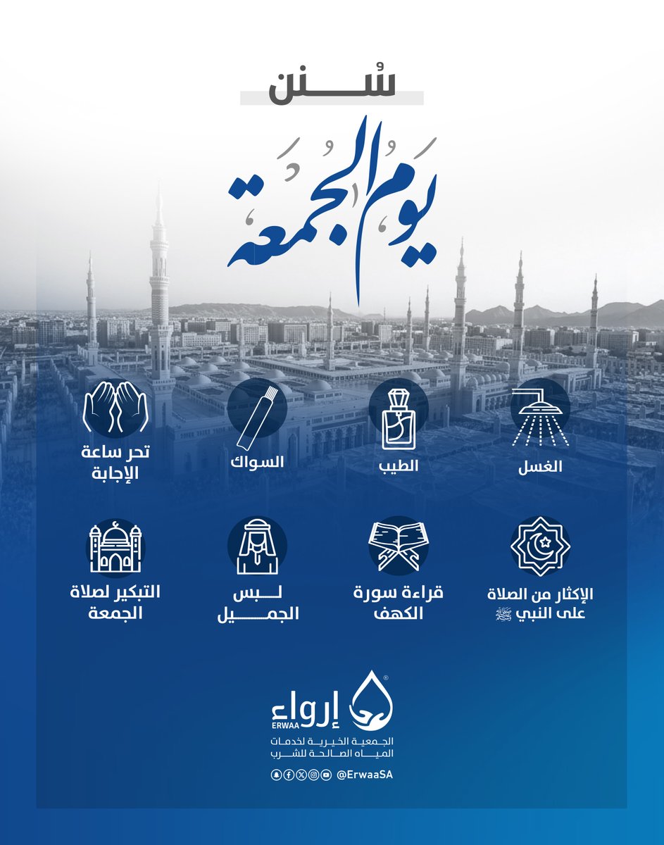 ErwaaSA's tweet photo. عن أوس الثقفي رضي الله عنه أن النبي صلى الله عليه وسلم قال:
من غسَّلَ يومَ الجمعةِ واغتسلَ ثمَّ بَكَّرَ وابتَكرَ ومشى ولم يرْكب ودنا منَ الإمامِ فاستمعَ ولم يلغُ كانَ لَهُ بِكلِّ خطوةٍ عملُ سنةٍ أجرُ صيامِها وقيامِها

#يوم_الجمعة
#عليك_بالماء https://t.co/fhoTyDX0zq