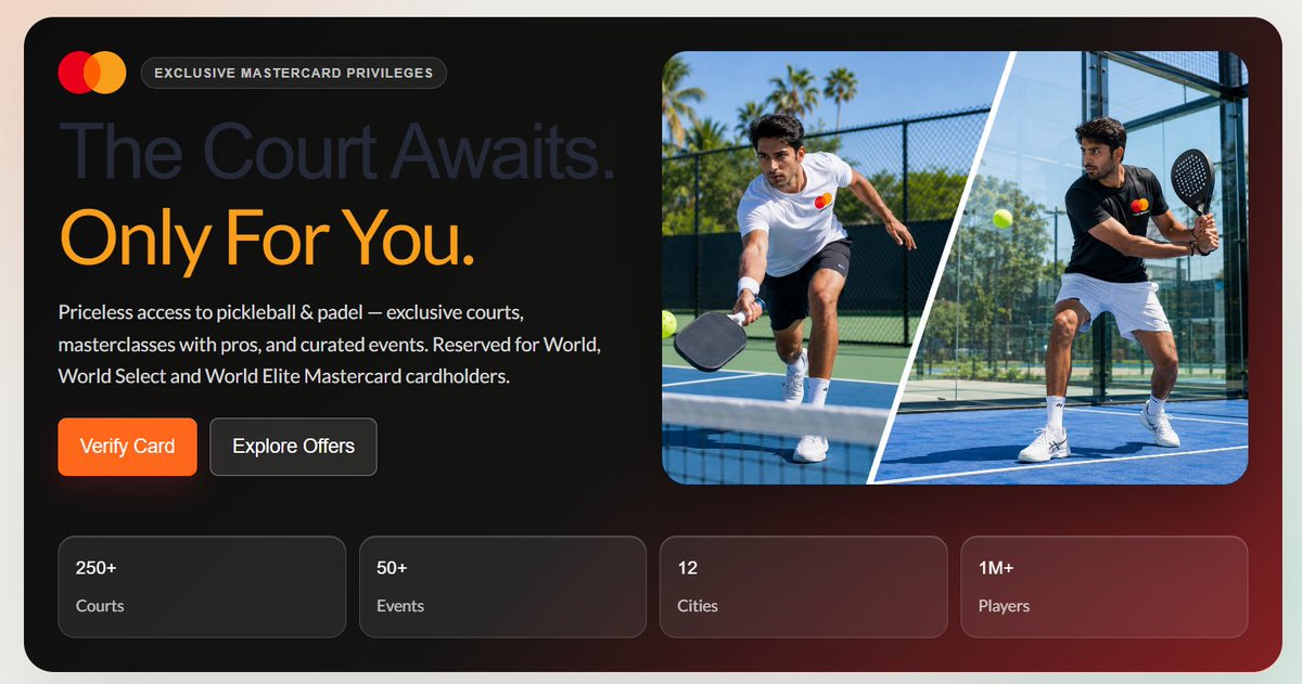 KartikDiscovers's tweet photo. 🏓 Mastercard has some seriously underrated Pickleball & Padel benefits in India!

If you hold an eligible Mastercard World or World Elite Credit/Debit Card, you can get access to exclusive courts, discounts, and events through Mastercard’s partnership with Courtly.

And this isn’t just a token discount. 👀

You get:

🏓 Dedicated Mastercard slots at selected courts
💰 Up to 50% off court bookings
🎾 Discounts on Pickleball & Padel gear
🏆 Access to exclusive events
🎓 Masterclasses with pros  

Currently available across Mumbai, Delhi & Bengaluru.

The interesting part? There are 250+ courts, 50+ events, and 12 cities listed across the broader Courtly program. 🔥