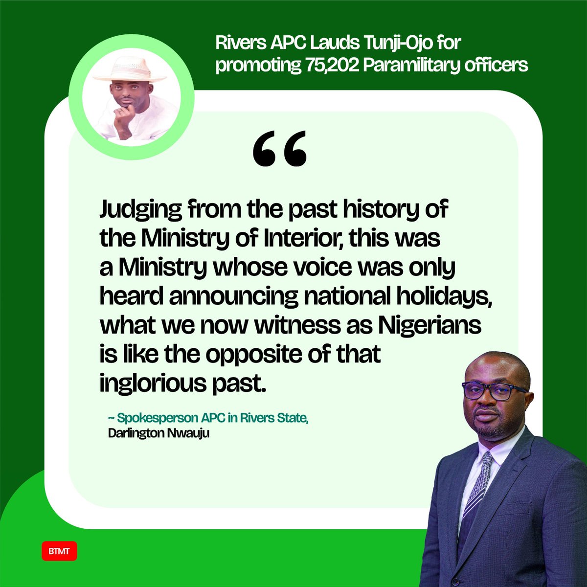 OOdetoye53952's tweet photo. Rivers APC lauds Tunji Ojo for promoting 75, 202 Paramilitary officers.
#TinubuInMOI
#UseContactless
Olubunmi Tunji-Ojo
President Bola Ahmed Tinubu https://t.co/HkIIClBN7n