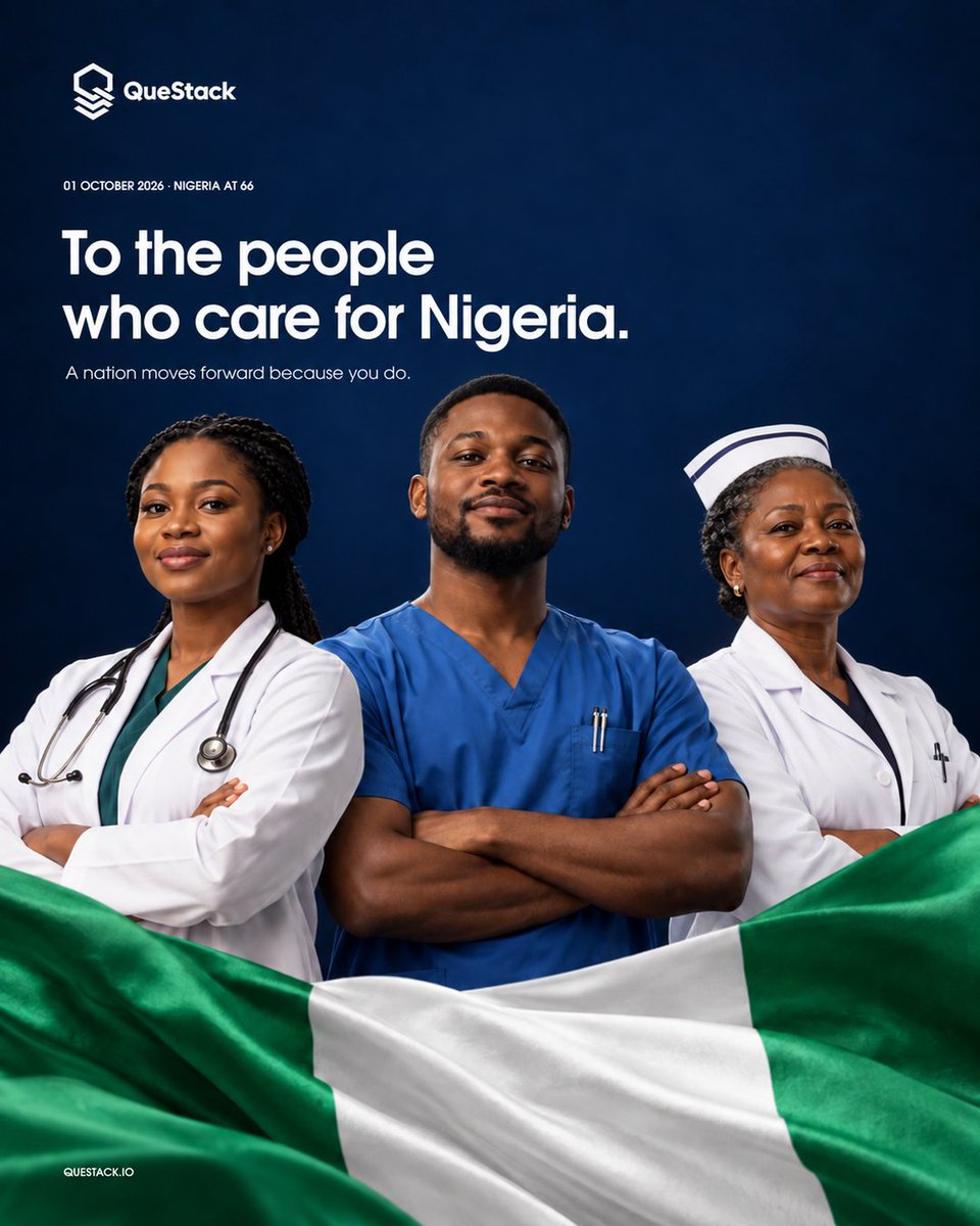 questackio's tweet photo. A healthier future is ours to shape.

To the clinicians, nurses, pharmacists, care teams and families who show up every day: a nation moves forward because you do. Today, we celebrate you as we celebrate Nigeria.

Happy Independence Day 🇳🇬

#NigeriaAt66 #IndependenceDay #QueStack https://t.co/fPCmS0ng4S