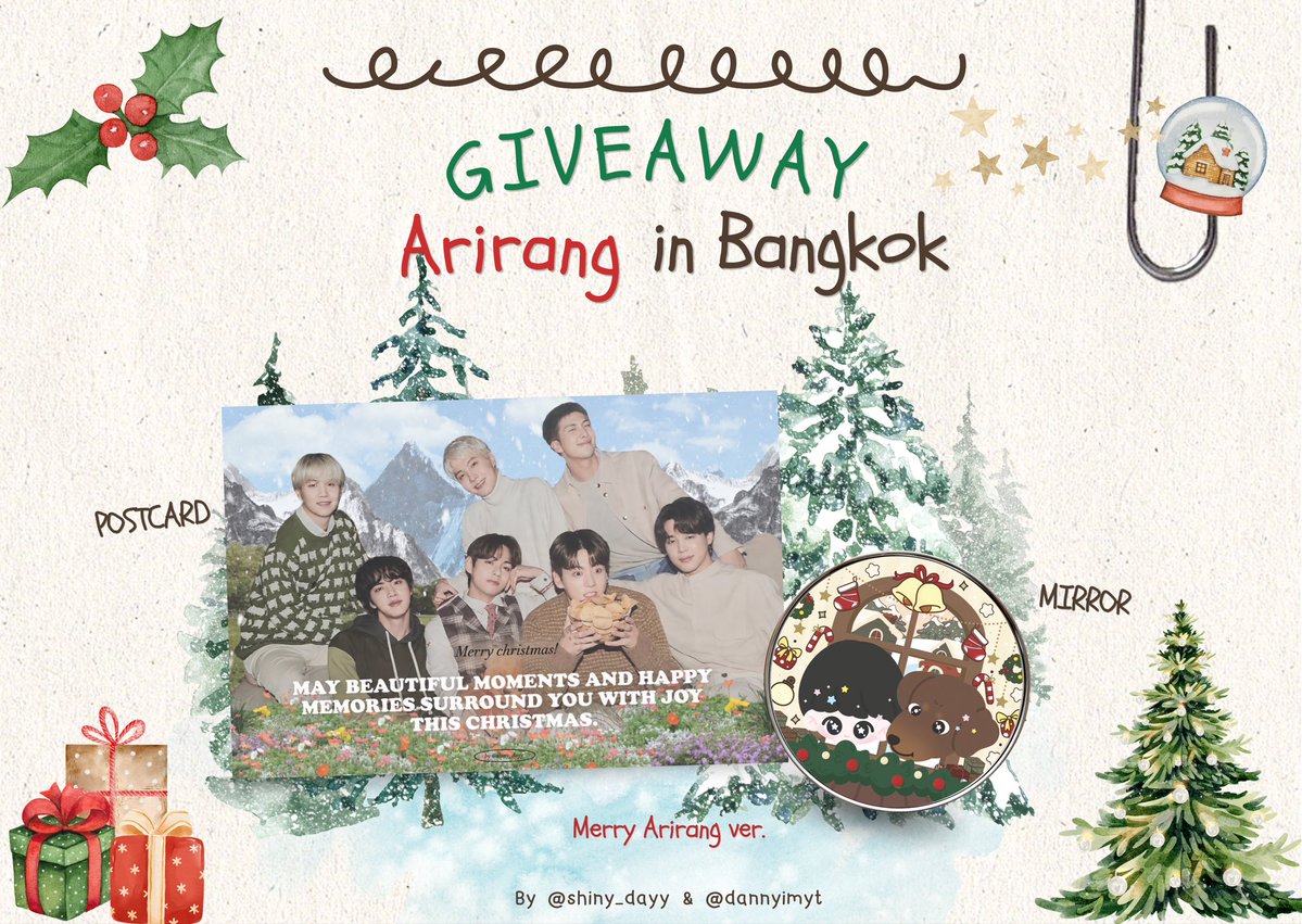 shiny_dayy's tweet photo. ₊˚⊹♡ 𝗚𝗜𝗩𝗘𝗔𝗪𝗔𝗬 𝗙𝗢𝗥 𝗔𝗥𝗠𝗬 ♡⊹˚₊

𓂃 ࣪˖ ִֶָ🎄 𝐌𝐞𝐫𝐫𝐲 𝐀𝐫𝐢𝐫𝐚𝐧𝐠 𝐯𝐞𝐫. (𝐋𝐢𝐦𝐢𝐭𝐞𝐝) 𐙚₊˚⊹

🎀 𝗪𝗵𝗮𝘁’𝘀 𝗜𝗻𝘀𝗶𝗱𝗲
♡ Christmas Postcard
♡ Special Pocket Mirror

📅 𝟬𝟯 • 𝟬𝟱 • 𝟬𝟲 𝗗𝗘𝗖 𝟮𝟬𝟮𝟲
📍 𝗥𝗮𝗷𝗮𝗺𝗮𝗻𝗴𝗮𝗹𝗮 𝗡𝗮𝘁𝗶𝗼𝗻𝗮𝗹 𝗦𝘁𝗮𝗱𝗶𝘂𝗺

🫧 𝗙𝗼𝗿 𝗧𝗵𝗮𝗶 𝗔𝗥𝗠𝗬 𝗢𝗻𝗹𝘆

♡ 𝗕𝘆 @shiny_dayy & @dannyimyt ♡

#BTS_WORLDTOUR_BANGKOK
