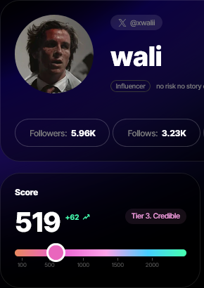 A profile card displays a user named 'wali' with an Influencer badge, 5.96K followers, 3.23K follows, and a credibility score of 519 marked as 'Tier 3.Credible'.