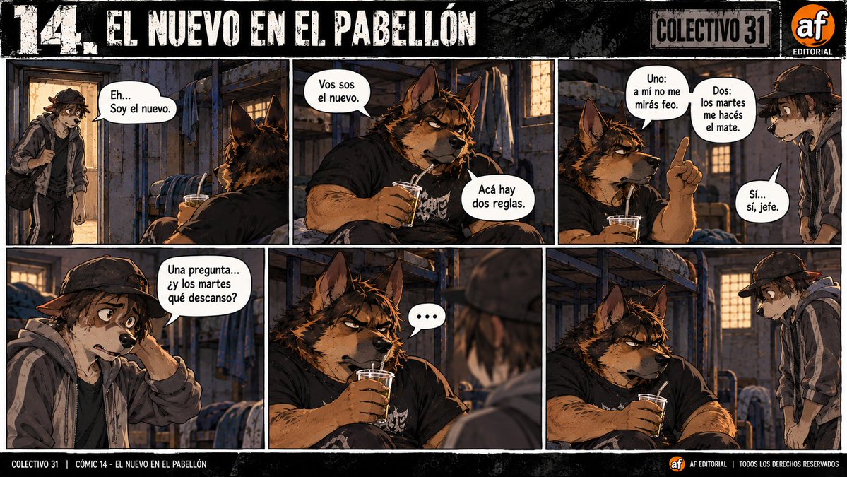AngusFreyr's tweet photo. EL NUEVO EN EL PABELLÓN: CUANDO EL FURRO DESCUBRE LAS REGLAS DEL BARRIO 🐾 | COLECTIVO 31
#Colectivo31 #Furry #FurryArgentina #FurryComic #ComicFurry #MundoTumbero #CulturaTumbera #Fisura #CulturaBarrial #HumorBarrial #HumorTumbero #BarrioArgentino #Tumbero #Pabellón #JergaTumbera #VidaDeBarrio #FurryFandom #ArteFurry #ComicArgentino #AngusFreyr #AFEditorial