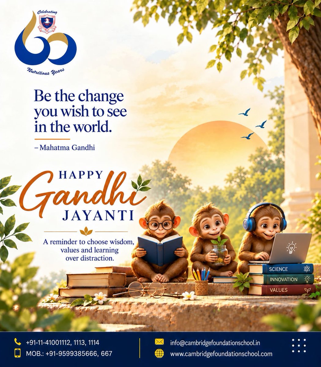 cfscambridge's tweet photo. This #GandhiJayanti, let’s inspire young minds to choose wisdom, learning, values and innovation over distraction. 📚🌿

Cambridge Foundation School wishes everyone a Happy Gandhi Jayanti!

#Education #LearningWithValues #PositiveChange https://t.co/p9Jsotlz3f
