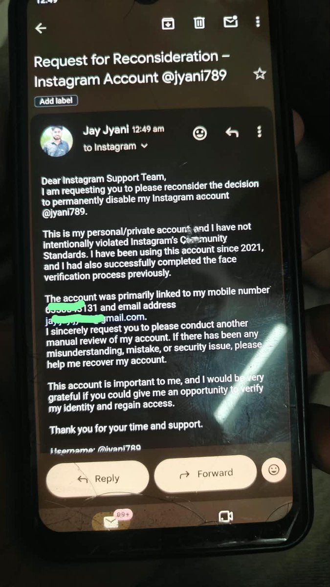 Jyani789's tweet photo. @instagram @Meta Please review my account @jyani789. It has been active since 2021, and I have not knowingly violated any guidelines. I’ve already appealed, but it was permanently disabled. Please conduct a manual review and help me recover my account. 🙏 https://t.co/sNN038QW9o