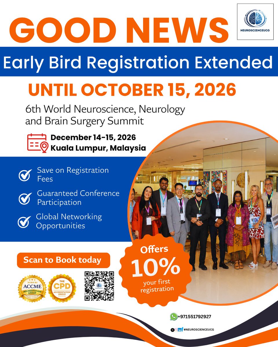 m_resma28240's tweet photo. 6th World Neuroscience, Neurology and Brain Surgery Summit.
December 14–15, 2026 | Kuala Lumpur, Malaysia
Early Bird Deadline: October 15, 2026
Register Now: https://t.co/hvnfzd1DuK: https://t.co/5T7drjPYu1
#callforspeakers #neuroscience #neurology #neurosurgery #brainsurgery https://t.co/syp6Kh2pEg