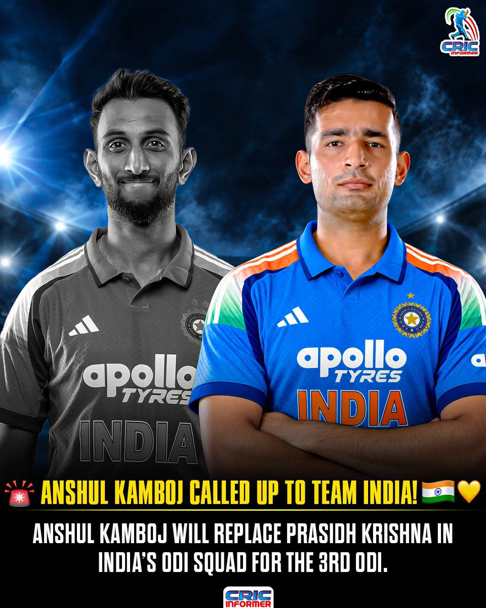 Himmatprosports's tweet photo. Anshul Kamboj steps up as an ODI replacement for Prasidh Krishna! After a tough debut lesson, his hard work and stellar IPL spell prove he’s ready. Years of grit finally paying off. Go well, champ! 🏏🔥
#AnshulKamboj #IndiaVsWestIndies #HardWorkPaysOff #TeamIndia https://t.co/uuxR8ujx60