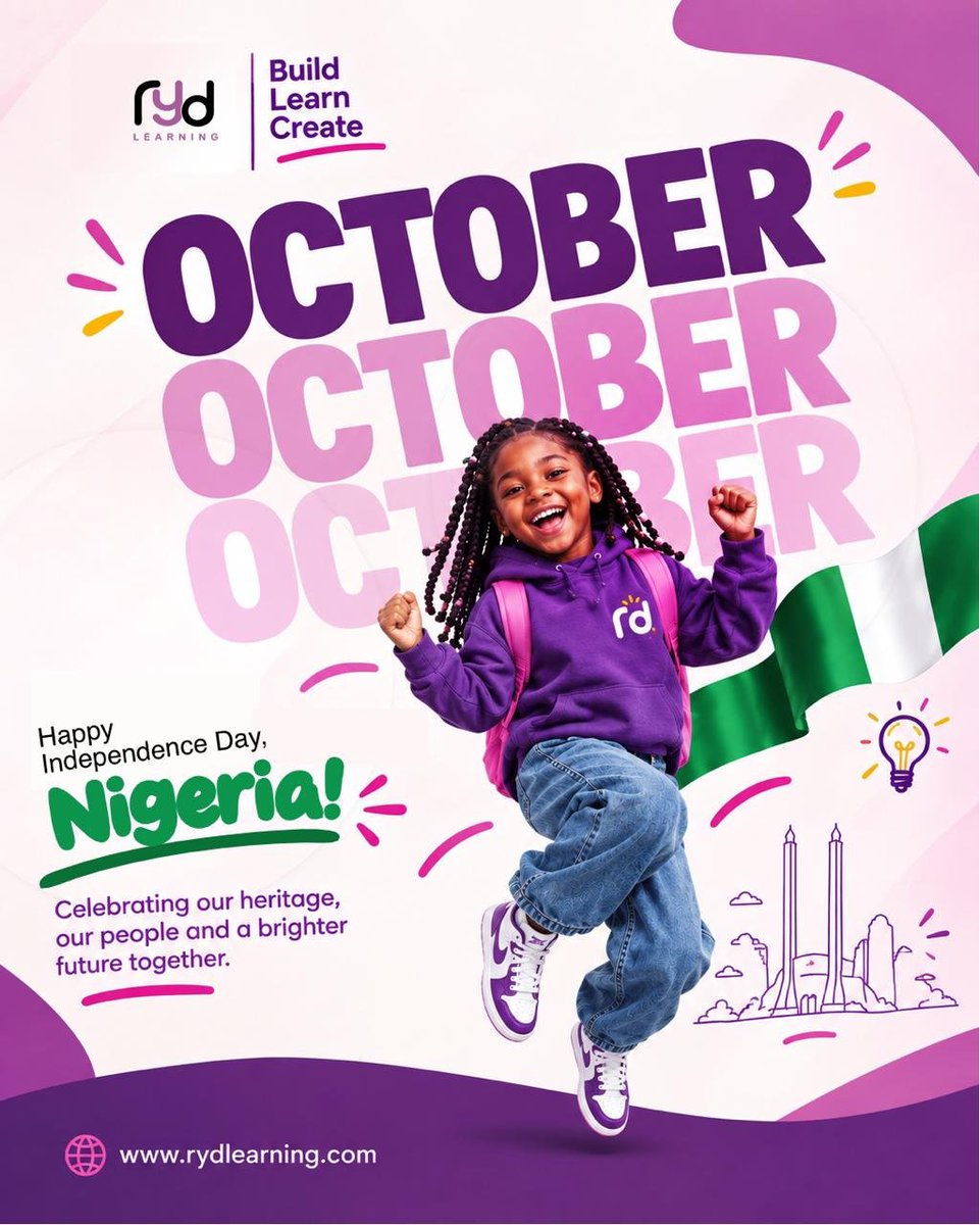 rydLearning's tweet photo. 🇳🇬 Happy Independence Day, Nigeria 💚🤍💚

Here’s to raising a generation of innovators, creators, problem-solvers, and future leaders who will take Nigeria to greater heights. 🇳🇬🌍

Happy 1st October, Nigeria @66 🎉
Our heritage. Our people. Our future.

 #NigeriaAt66 https://t.co/0TU3SwMCkS