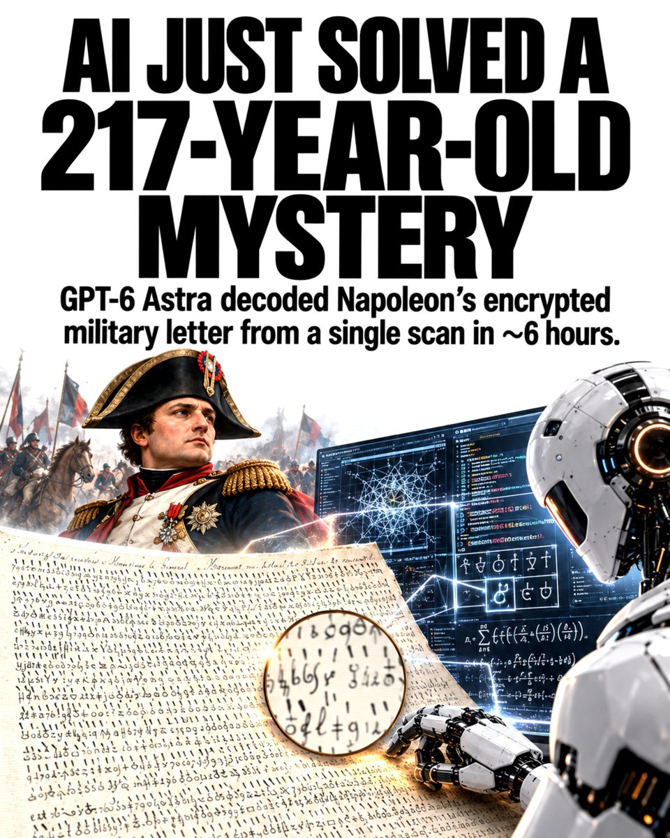 SciTechera's tweet photo. Timeline is getting crazy. enjoy the pre-ASI era..

AI is starting to unlock centuries of forgotten knowledge.

It just cracked a 217-year-old cipher.

From a single historical scan, GPT-6 Astra reportedly completed the entire cipher-solving workflow in just ~6 hours of model work.

> Transcribed ~1,300 handwritten cipher units
> Reconstructed 155 distinct symbols
> Combined a partial historical key with its own cryptanalysis
> Built and ran a simulated-annealing solver
> Identified 29 whole-word symbols
> Cross-checked the decoded text against the original image
> Reconstructed the historical context and corrected the date from 1807 to March 1809

The decoded document is a military briefing sent to General Auguste de Marmont shortly before Austria invaded in April 1809.

It reports troop positions and movements and helps recover a passage missing from Napoleon's later published correspondence.

Enjoy the beginning of AI breaking mysteries.

more detailed:
https://t.co/aEyrsMCDYE