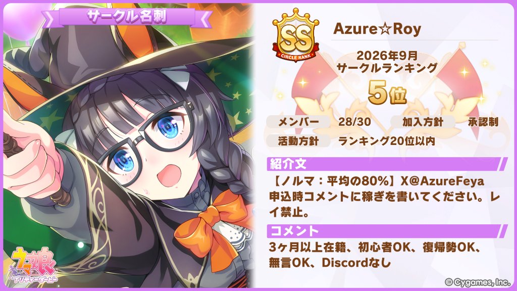 AzureFeya's tweet photo. 10月・11月以降のメンバーを募集しています
ノルマはサークルの一人当たり平均ファン獲得数の80％です
3ヶ月以上在籍（長期大歓迎）
初心者OK、復帰勢OK
無言OK、Discord なし
靴自由、レイ禁止
 
気になる方はお気軽にDMください
質問だけでも大丈夫です
@AzureFeya までどうぞ
ご加入お待ちしております！
 
#ウマ娘
#ウマ娘サークル
#ウマ娘募集
#ウマ娘サークル募集
#ウマ娘サークルメンバー募集
#ウマ娘メンバー募集