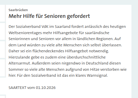 UK136S's tweet photo. Der #Sozialverband VdK im #Saarland fordert anlässlich des heutigen Weltseniorentages mehr Hilfsangebote für saarländische Seniorinnen und Senioren | Klares #Warnsignal https://t.co/CB6DtugyEo