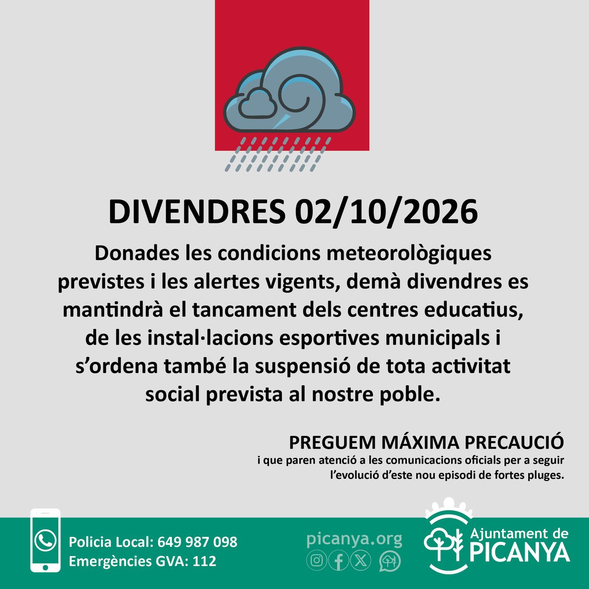 aPicanya's tweet photo. AVÍS PER A DIVENDRES 02/10/2026
Donades les condicions meteorològiques previstes i les alertes vigents, demà divendres es mantindrà el tancament dels centres educatius, de les instal·lacions esportives municipals i s’ordena també la suspensió de tota activitat social prevista. https://t.co/KMUlkMP930