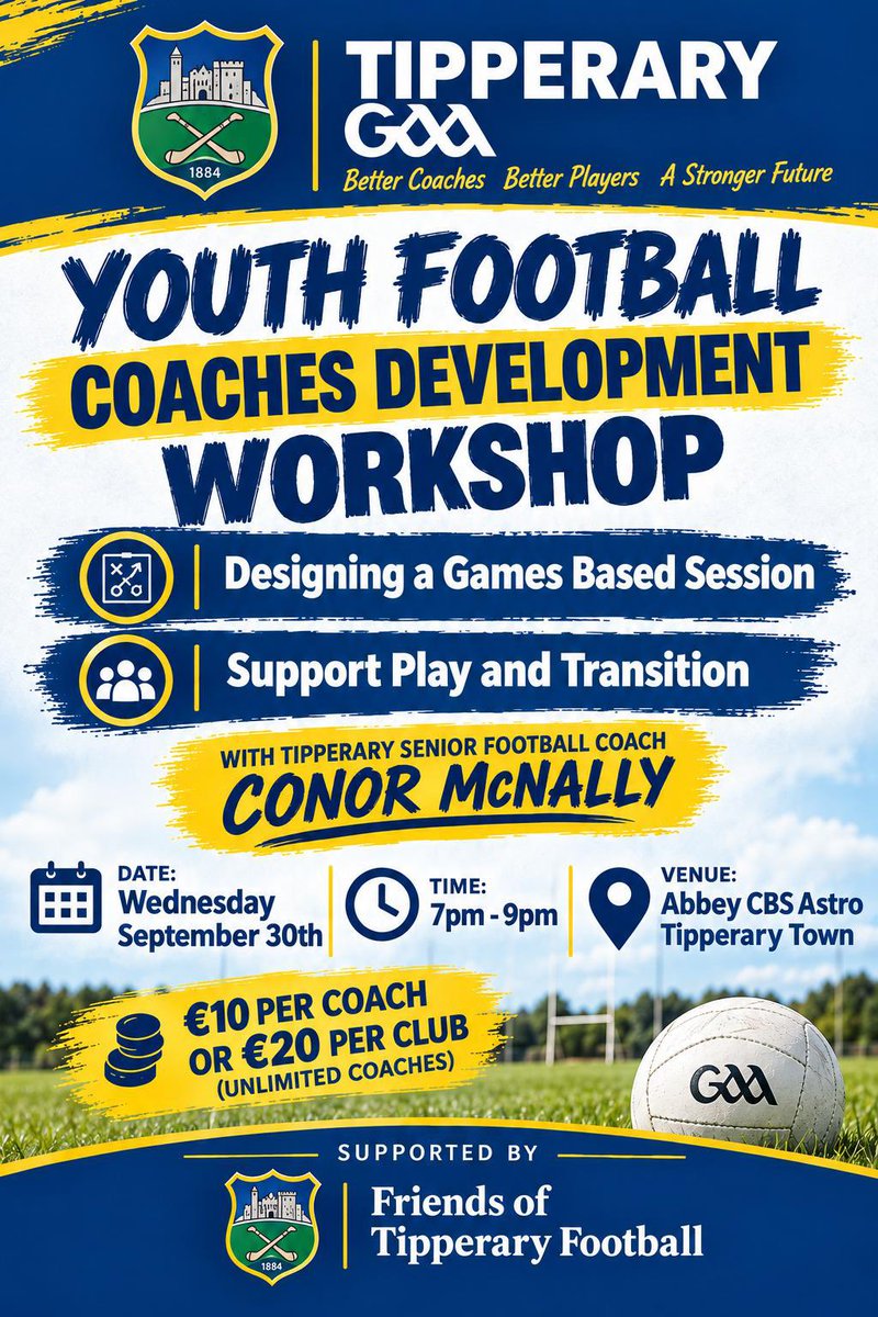 tippgamesdev's tweet photo. Many thanks to Conor McNally who delivered an excellent Coaches development football workshop last night around designing a games based approach session along with focus on support play &amp; transition👏

Thanks to @abbeytipp for use of their fantastic facilities 

@TippfootballGAA https://t.co/p95Mx0QtbI
