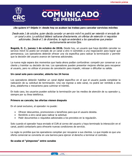 UltimaHoraCR's tweet photo. #NACIÓN La Comisión de Regulación de las Comunicaciones recordó que a partir de hoy entra en vigencia la medida que le permite a los usuarios radicar la cancelación de un servicio de telefonía celular sin ser enviados de un canal a otro, sin ofertas para convencer al cliente de quedarse y sin requisitos adicionales.
https://t.co/woHMRjVE2M