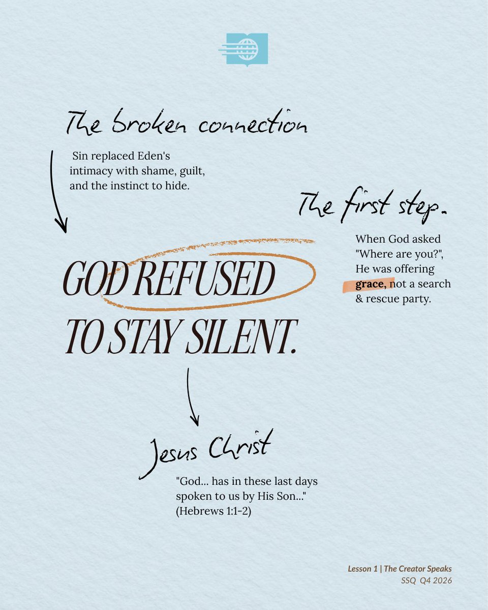 adventistasia's tweet photo. Sin broke the connection, but God didn’t stop speaking. From Eden to #Jesus, He kept moving toward us.

This week’s #SabbathSchool lesson, The Creator Speaks, asks us to notice something important: what does God’s persistence reveal about who He is? https://t.co/ebU7M2o51Q