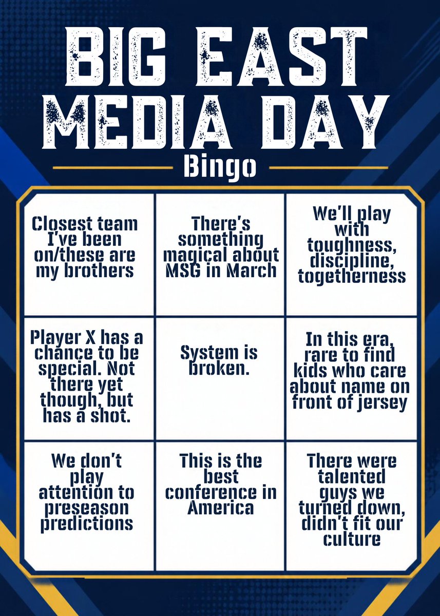 Kevin_Farrahar's tweet photo. Happy Big East Media Day! Get your bingo cards ready...

What did I miss? https://t.co/ispSpohlft