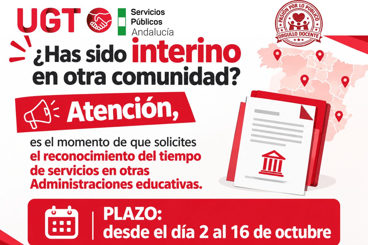 UGTEducaAnd's tweet photo. 🔴Atención personal interino: reconocimiento del tiempo de servicios en otras Administraciones Educativas https://t.co/Wq6u1Tlefc   Pasión por lo público, orgullo docente https://t.co/I2YN9AZrp9