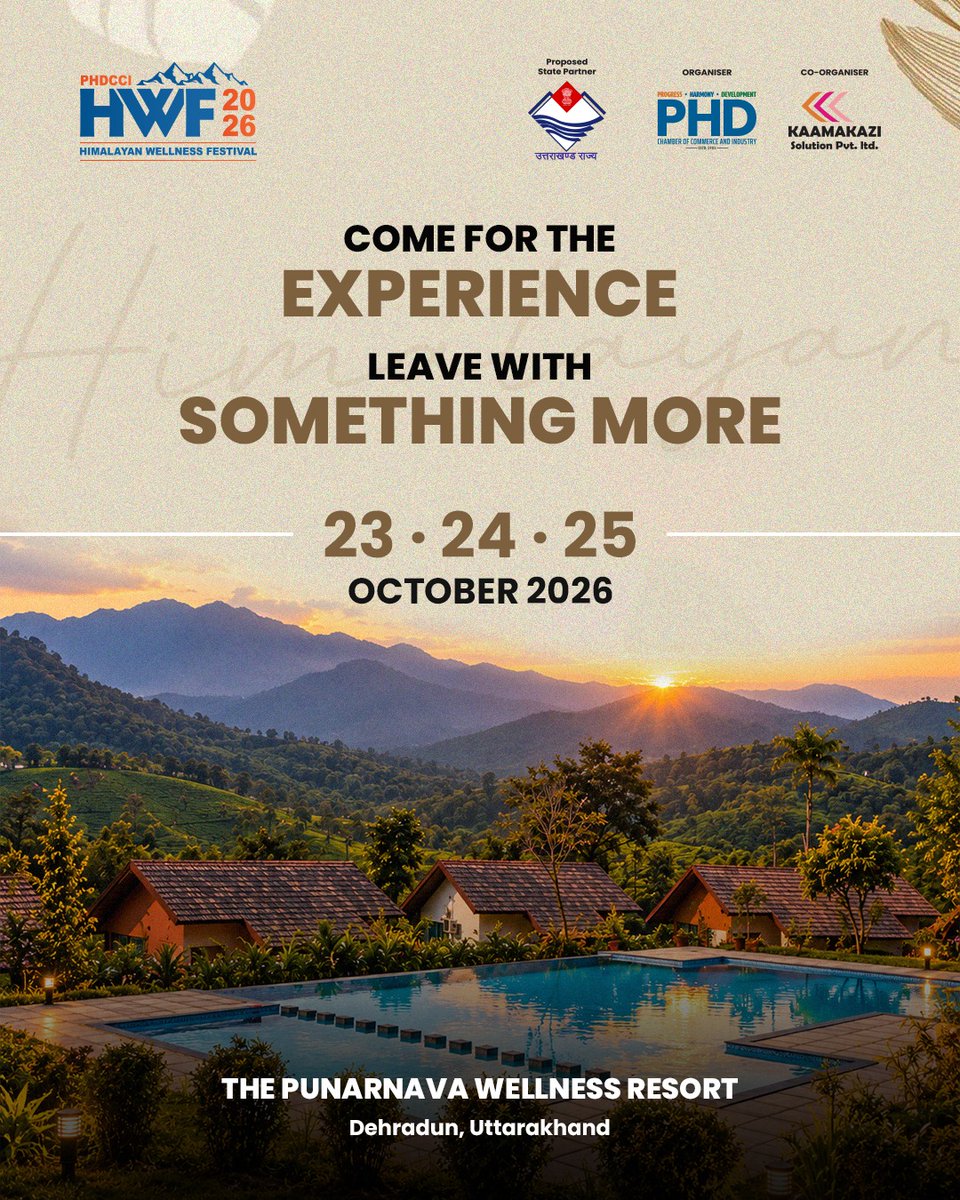 HimalayanWell's tweet photo. What if your next escape was an escape back to you?

Book Your Space Today.

📞 For more details: +91 93352 00736
🌐 https://t.co/nLlEWH1d0J

 #HWF2026 #HimalayanWellnessFestival #PHDCCI #WellnessBazaar #YogaAndMeditation #SoundHealing #EnergyHealing #DrumCircle #Uttarakhand https://t.co/kyI6pVtmVQ
