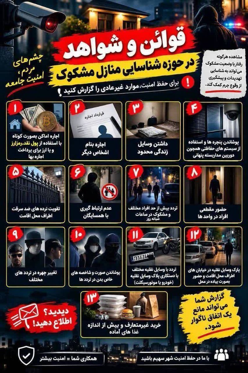 g_shahriyar's tweet photo. تو محله‌هاتون اگه همسایه‌ای داشتید که مواردی از این ۱۳ مورد رو داشت،
حتماً با پلیس ۱۱۰ یا اطلاعات ۱۱۳ و ۱۱۴ تماس بگیرید و گزارش بدید...

پ ن؛ البته قرائن و شواهد درسته! https://t.co/BbMUpf0fqn