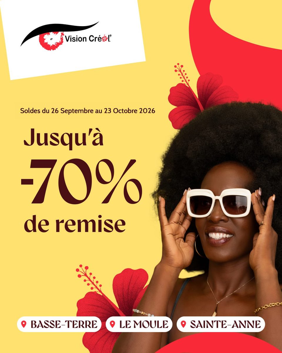 gooddeal971's tweet photo. 🔥 Jusqu’à –70 % chez Vision Créol’ ! 👓😎

Soldes jusqu’au 23 octobre 2026 dans les boutiques de Basse-Terre, Le Moule et Sainte-Anne.

Les meilleurs modèles partent vite !

#GoodDeal971 #VisionCréol #SoldesGuadeloupe https://t.co/7YfQUiwHPb