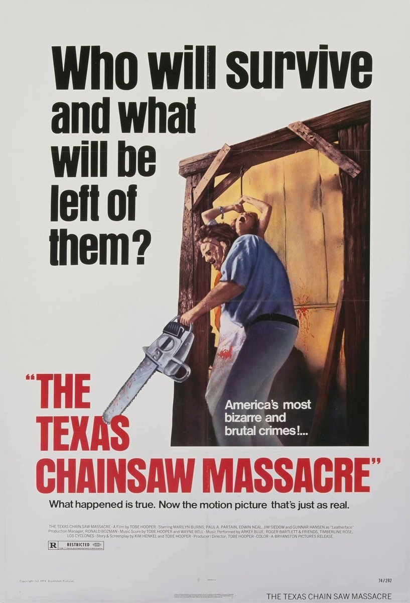 DaveBuzan's tweet photo. "The Texas Chainsaw Massacre" was released on this day in 1974. Groundbreaking horror masterpiece from co-writer/co-composer/producer/director Tobe Hooper and screenwriter Kim Henkel.

Highlights: Oscar-worthy production design by Robert A. Burns; extraordinary cinematography by Daniel Pearl; unforgettable performances by Marilyn Burns and 
Gunnar Hansen.

"Texas Chainsaw Massacre" was a box office sensation, grossing over $30 million dollars off of a production budget of $80,000. Although the film received a mixed critical reception upon release, it is now widely considered to be a film classic.

Leatherface is a horror icon who has returned over the intervening decades in sequels, remakes, and video games. That character and this film has been so widely imitated that it's easy for audiences today to overlook just how revolutionary the original film truly was. From the black humor to the legendary set pieces, it's extraordinarily directed by Tobe Hooper. 

"The Texas Chainsaw Massacre" is a masterpiece.