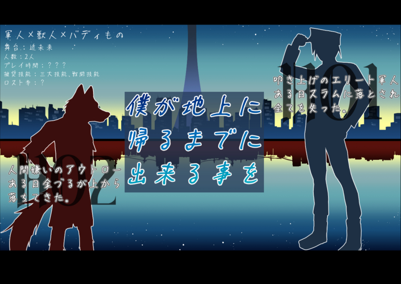 teradateko's tweet photo. #月初めだし自作シナリオ宣伝する
クトゥルフ神話TRPG（7版）
「僕が地上に帰るまでに出来る事を」

獣人×エリート軍人のバディ物です。
テスプしたらこれはエモシだって言われました！
なんか獣人がいっぱい出てきたりします！

KP依頼歓迎です💪
https://t.co/JVvLrieEM1 https://t.co/9kWfEnSpTQ