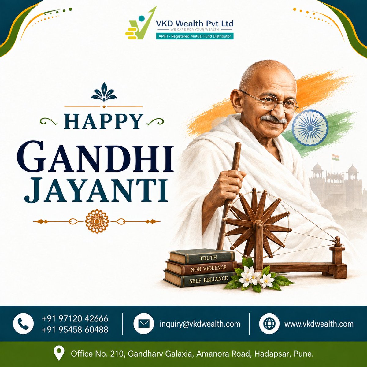 VkdWealth's tweet photo. This Gandhi Jayanti, embrace the power of discipline—not just in life, but in your investment journey.
Team Vkd Wealth wishing you all a Happy Gandhi Jayanti !!!
#GandhiJayanti2026 #InvestWithDiscipline #SIPForTomorrow #LongTermInvesting #MutualFunds #Insurance #VkdWealth https://t.co/U5v61SM5yW