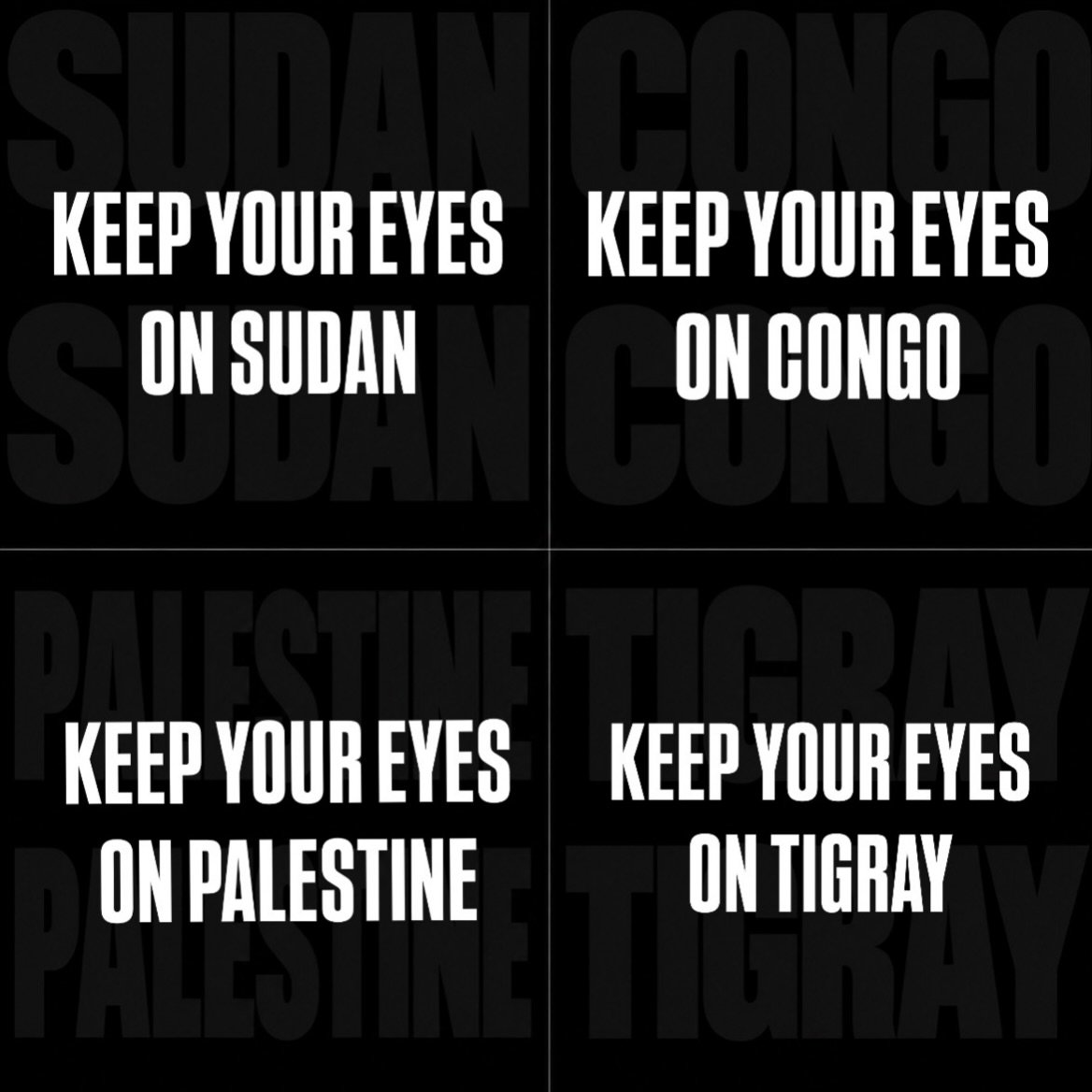 msNzuya's tweet photo. DON'T SCROLL PAST THESE COUNTRIES!

KEEP YOURS ON THE, SPEAK UP FOR THEM!!

#FreeCongo 🇨🇩
#KeepEyesOnSudan 🇸🇩 
#FREEPALESTİNE 🇵🇸 
#KeepEyesOnTigray 🇪🇹 https://t.co/izkky5nFfa