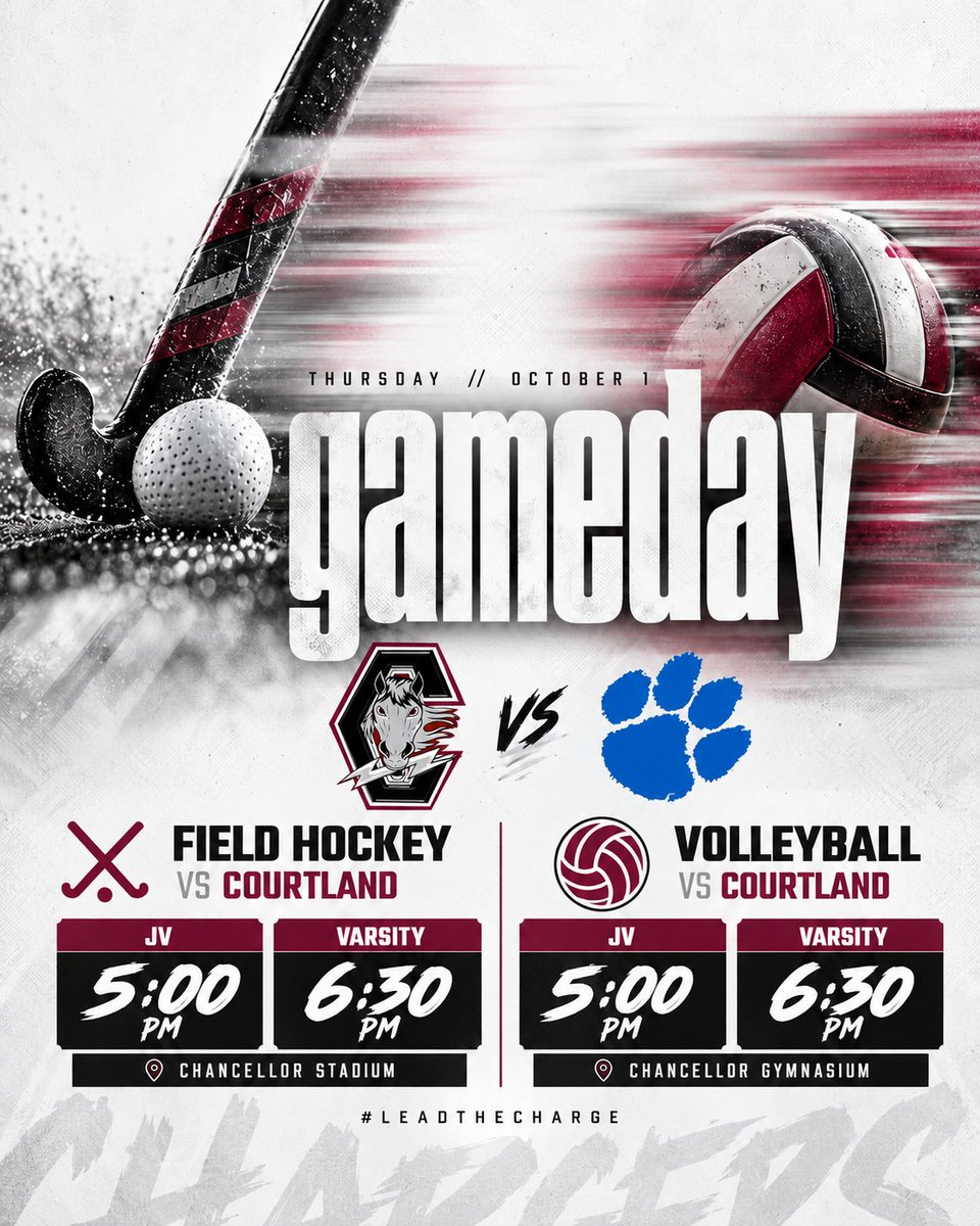 ChancellorCharg's tweet photo. Thursday at home. ⚡
🏑 FH vs Courtland
JV 5:00 | Varsity 6:30
📍 Chancellor Stadium
🏐 VB vs Courtland
JV 5:00 | Varsity 6:30
📍 Chancellor Gymnasium
#LeadTheCharge https://t.co/27oKtXbTYz