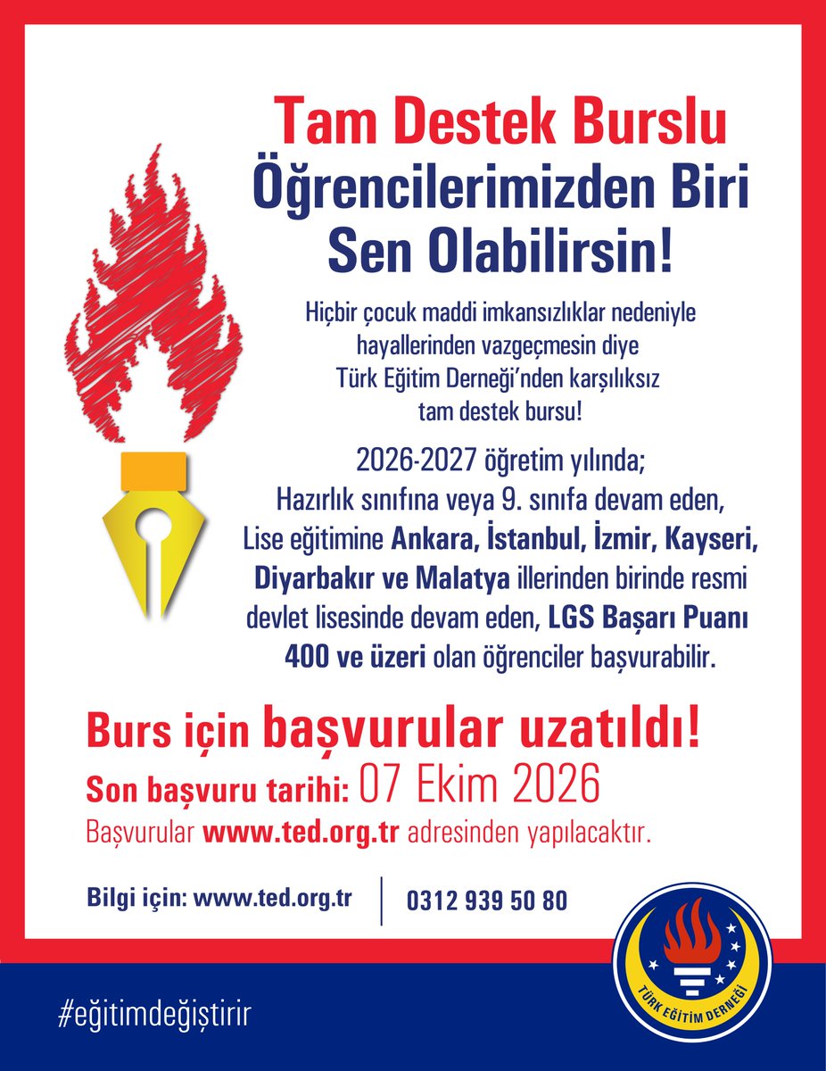 TED1928's tweet photo. Tam Destek Bursu Başvuruları Uzatıldı!
Türk Eğitim Derneği Tam Destek Bursu ile devlet okullarında eğitim gören yüzlerce öğrencinin hayalleri gerçeğe dönüşüyor.

📌 Son başvuru tarihi 07 Ekim 2026
🎓 https://t.co/0iUmqGoi22 adresinden başvurunu yapmayı unutma! https://t.co/oXVymYJpOh