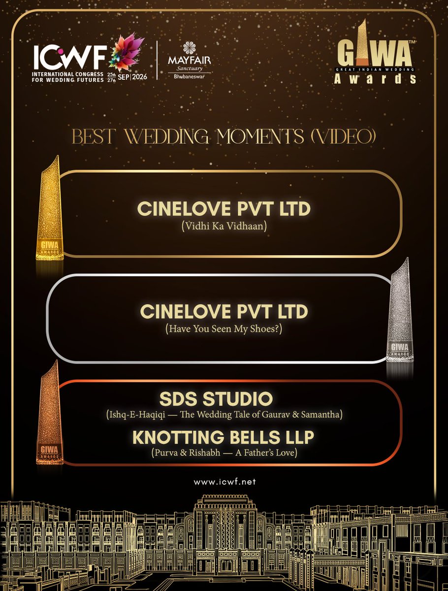 digitalICWF's tweet photo. ✨ Recognising the Best in the Wedding Industry! ✨

Honouring the winners in the category of Best Wedding Moments (Video). Congratulations to our winners who continue to capture the emotion, energy, and unforgettable stories of wedding celebrations through stunning visuals! https://t.co/4CJ2XH5rVP