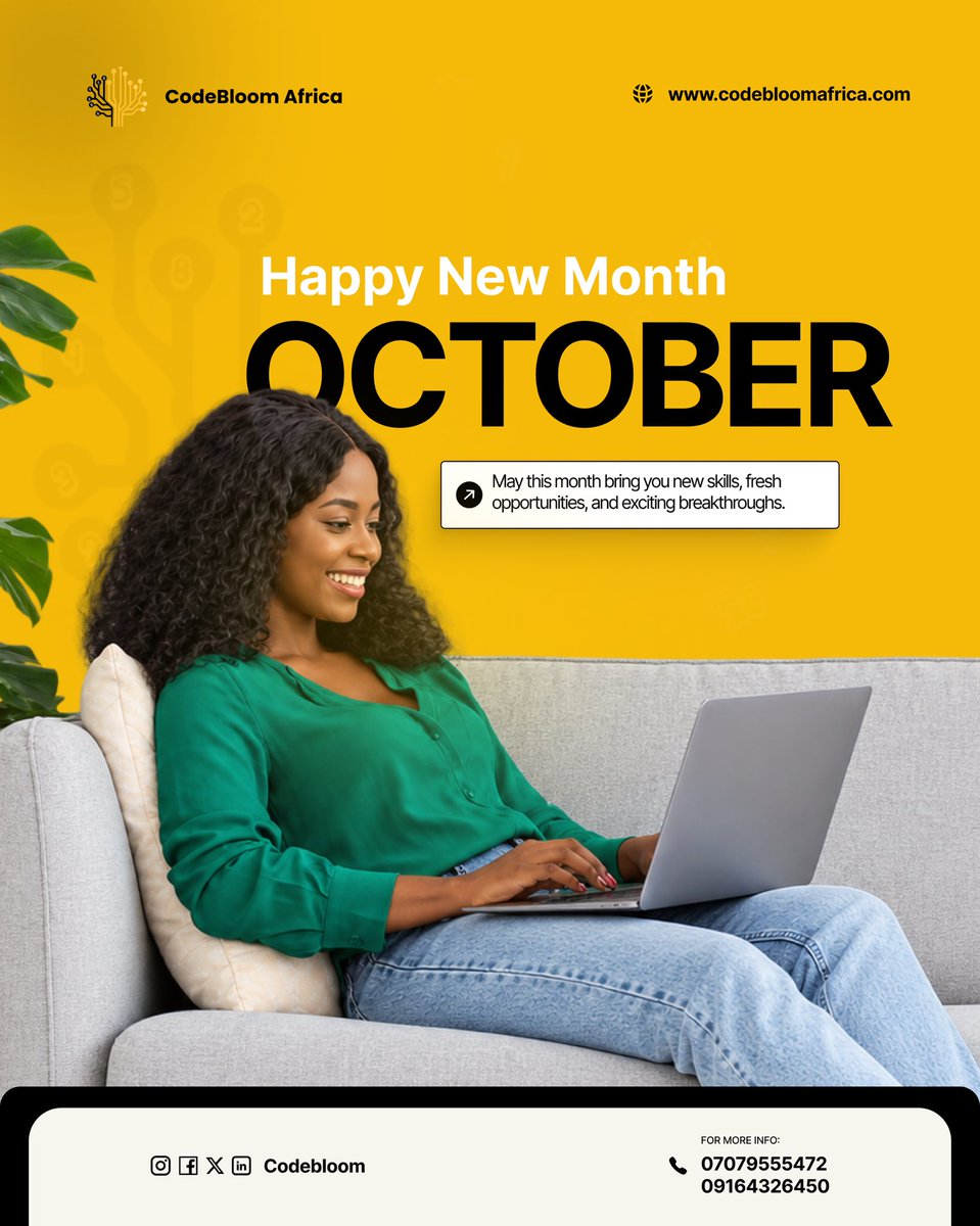 CodeBloomAfrica's tweet photo. Happy New Month! โจ๐
May this month bring you new skills, fresh opportunities, and exciting breakthroughs.
Keep learning, keep growing and keep building your future with tech!
#happynewmonth #codebloom #future500 #technology https://t.co/JKOZktpfIH