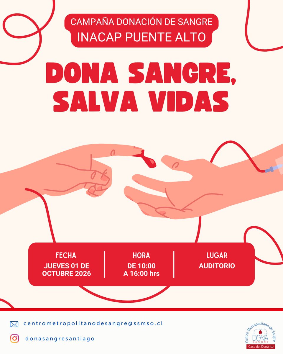 DonaSangreStgo's tweet photo. Atención @INACAPPuente 
¡Hoy dona sangre y salva vidas! https://t.co/rMzKVsfs1R