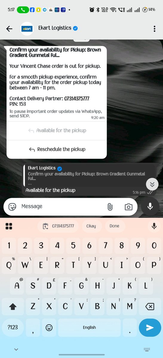 vishalsahu74151's tweet photo. Urgent! @ekartlogistics @FlipkartSupport @Lenskart_com
Return parcel was picked up at 11 AM, but app doesn't show it &amp; agent isn't answering calls. Please check &amp; update my status urgently.

Order ID: 1352556833
PIN: 153 https://t.co/K2chrJfekT