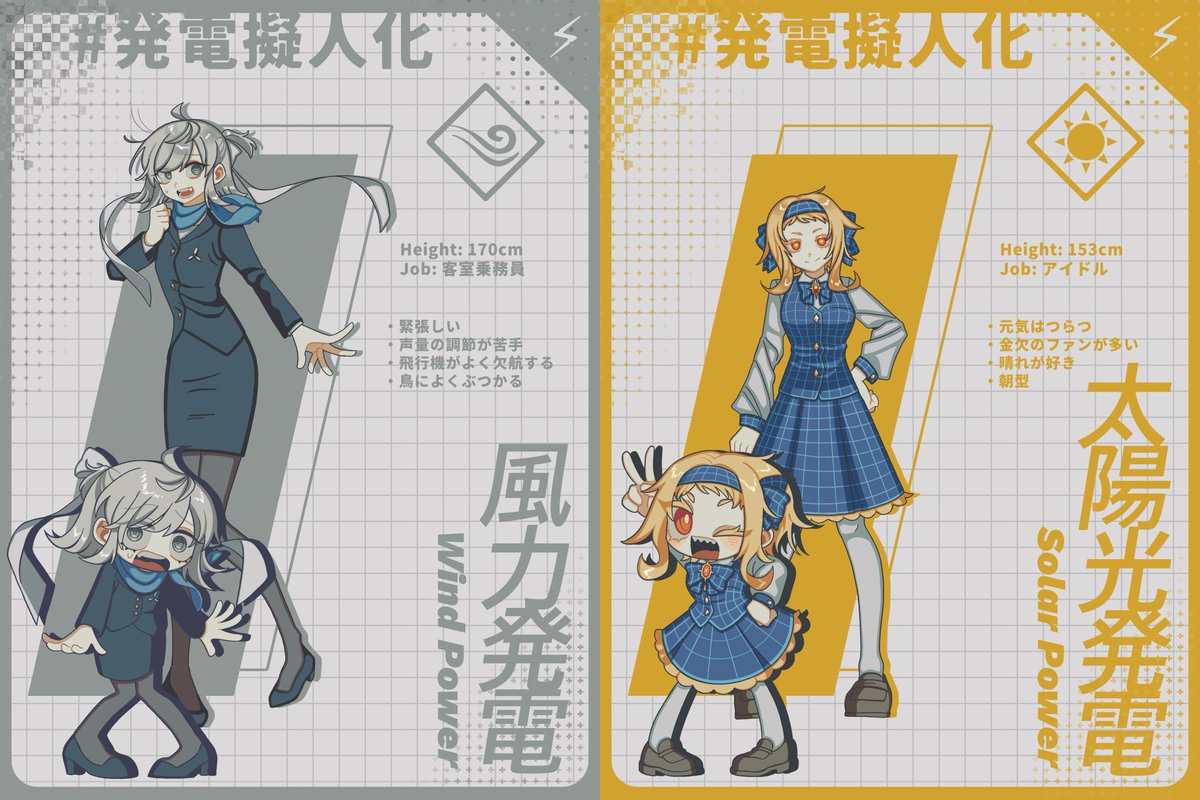 Mint_Mehane's tweet photo. 発電擬人化　まとめ
CSだと隠れちゃってる部分も頑張ったので見て〜⚡️ https://t.co/71A9SKlimJ