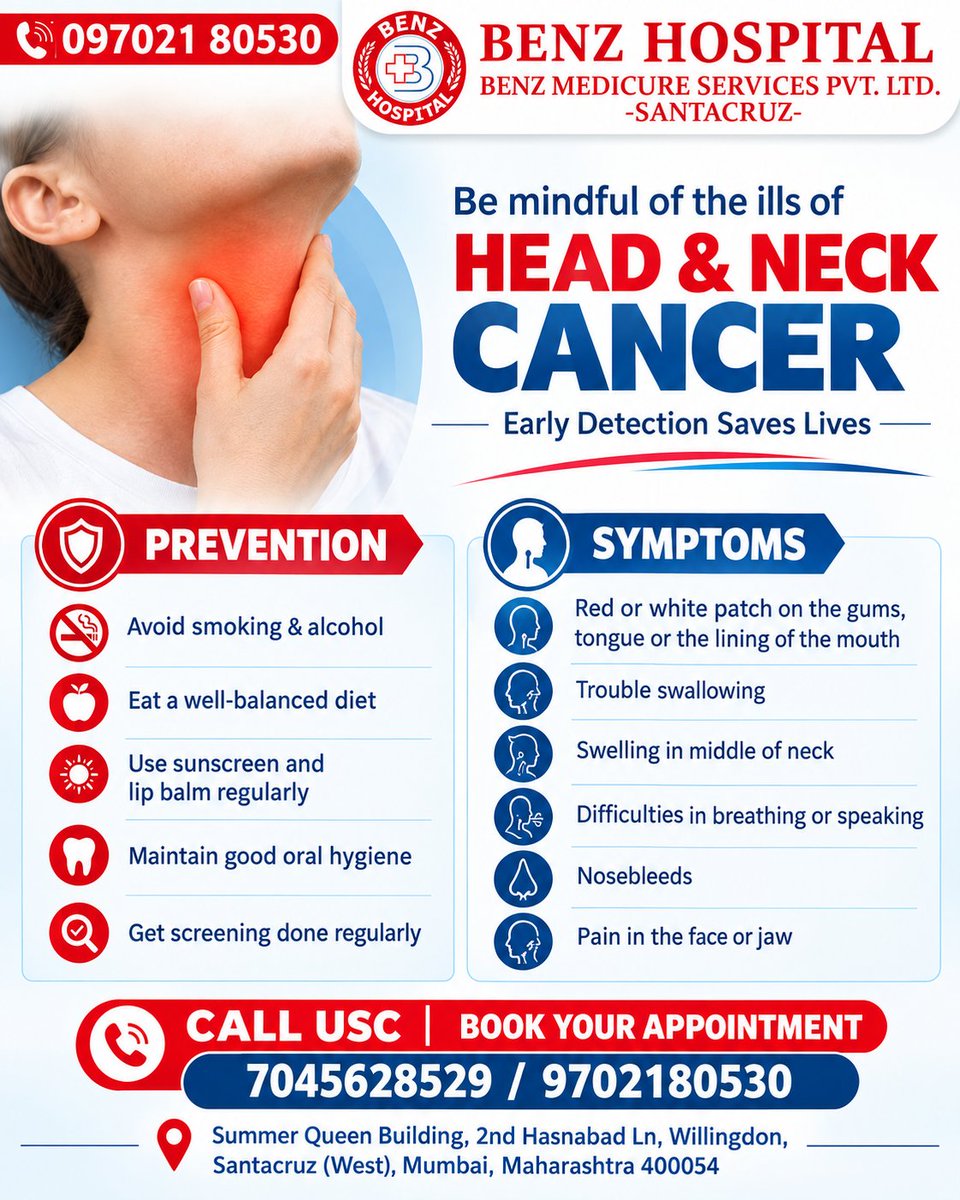 BenzHospital's tweet photo. Be aware of the signs of Head &amp; Neck Cancer! ❤️‍🩹 Early detection can save lives. 

📞 Call Benz Hospital to book your appointment: 7045628529 / 9702180530

#BenzHospital #HeadAndNeckCancer #CancerAwareness #EarlyDetectionSavesLives #CancerPrevention https://t.co/URV8oMSUXQ