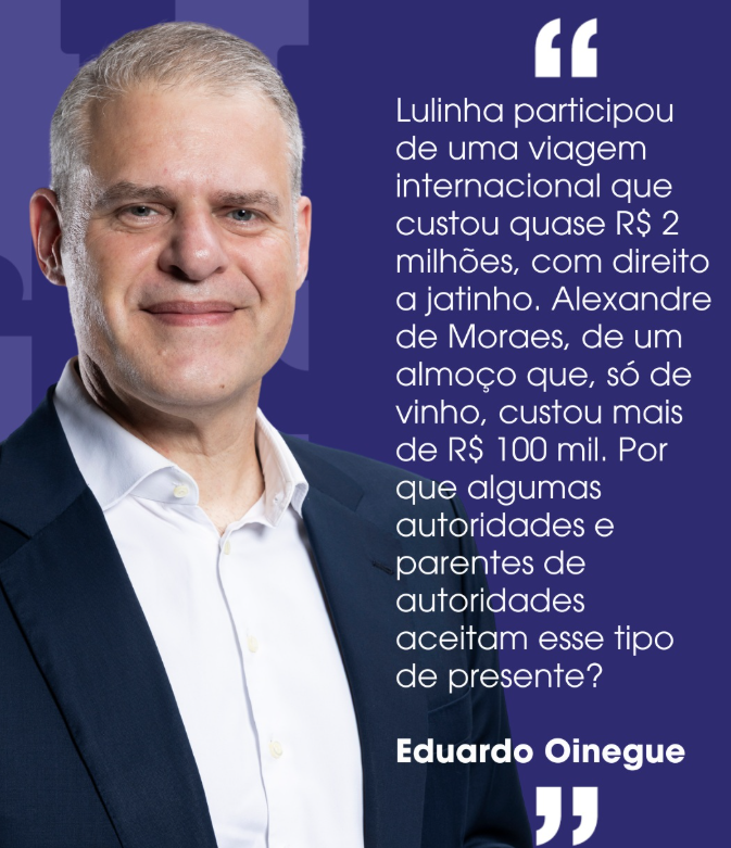 Oinegue's tweet photo. “Lulinha participou de uma viagem internacional que custou quase R$ 2 milhões, com direito a jatinho. Alexandre de Moraes, de um almoço que, só de vinho, custou mais de R$ 100 mil. https://t.co/V0l1UmQRNJ