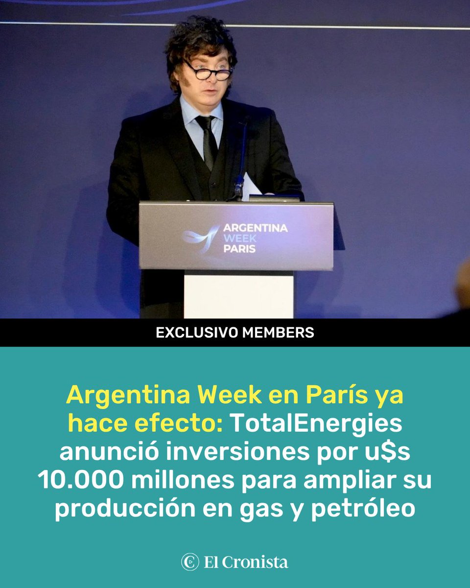 Cronistacom's tweet photo. TOTALENERGIES ANUNCIÓ INVERSIONES POR U$S 10.000 MILLONES EN ARGENTINA

La francesa TotalEnergies presentó en el Argentina Week de París una cartera de proyectos por cerca de US$10.000 millones para ampliar su producción de gas y petróleo en el país.

Patrick Pouyanné, presidente y CEO de la compañía, vinculó esos planes con las reformas del gobierno de Javier Milei y alentó a los empresarios franceses presentes a invertir en la Argentina.

Juntos eligieron el nombre Alberdi para el nuevo desarrollo costa afuera de Tierra del Fuego, que contempla una inversión de u$s 1.500 millones. El nombre rinde homenaje a Juan Bautista Alberdi y fue presentado por el ejecutivo como una decisión compartida con el Presidente.

En Neuquén, la empresa prevé ampliar su producción de gas en Aguada Pichana y desarrollar petróleo en San Roque, en Vaca Muerta. Este último proyecto representa una inversión potencial de unos u$s 5.000 millones. Durante su exposición, Pouyanné pidió el acompañamiento del gobernador de Neuquén para avanzar con ese desarrollo.

¿Qué te parece esta noticia? Te leemos en los comentarios.

Más información: https://t.co/Mtt9IB10nK