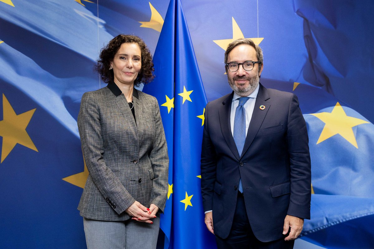 UNOPS_Chief's tweet photo. In Afghanistan, Gaza, Syria, Ukraine and many other challenging contexts, @UNOPS & the #EU are strong partners delivering for communities in need – supporting crisis response, enabling early recovery and reconstruction efforts.  

Good to talk with EU Commissioner Hadja Lahbib in Brussels today to discuss the work of the UN Task Force for the Strait of Hormuz, and to reflect on the impact of our partnership in fragile and conflict-affected contexts.   

@eu_echo @hadjalahbib