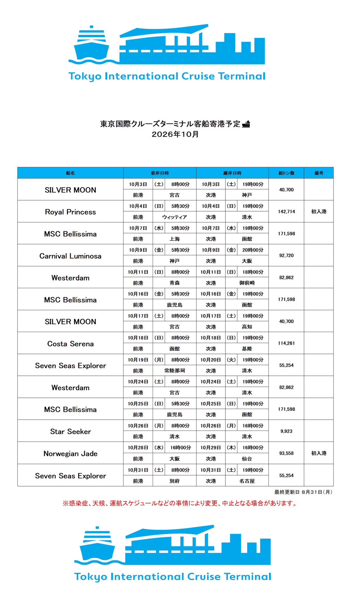 東京 港 入港 予定
