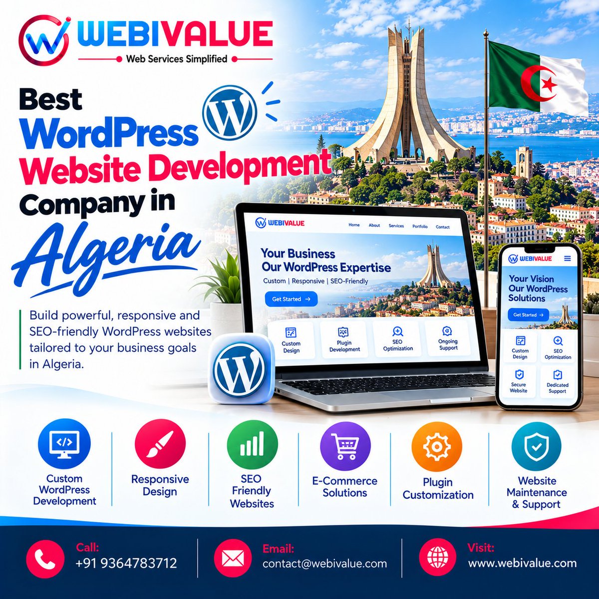 deekshawebi's tweet photo. Looking for a reliable WordPress Website Development Company in Algeria? 🇩🇿

WebiValue builds responsive, SEO-friendly &amp; customized WordPress websites with e-commerce, plugin customization, and ongoing support.

📞 +91 9364783712
🌐 https://t.co/WsFOH9KKAT
#WordPress #Webivalue https://t.co/wozrTLtAfk