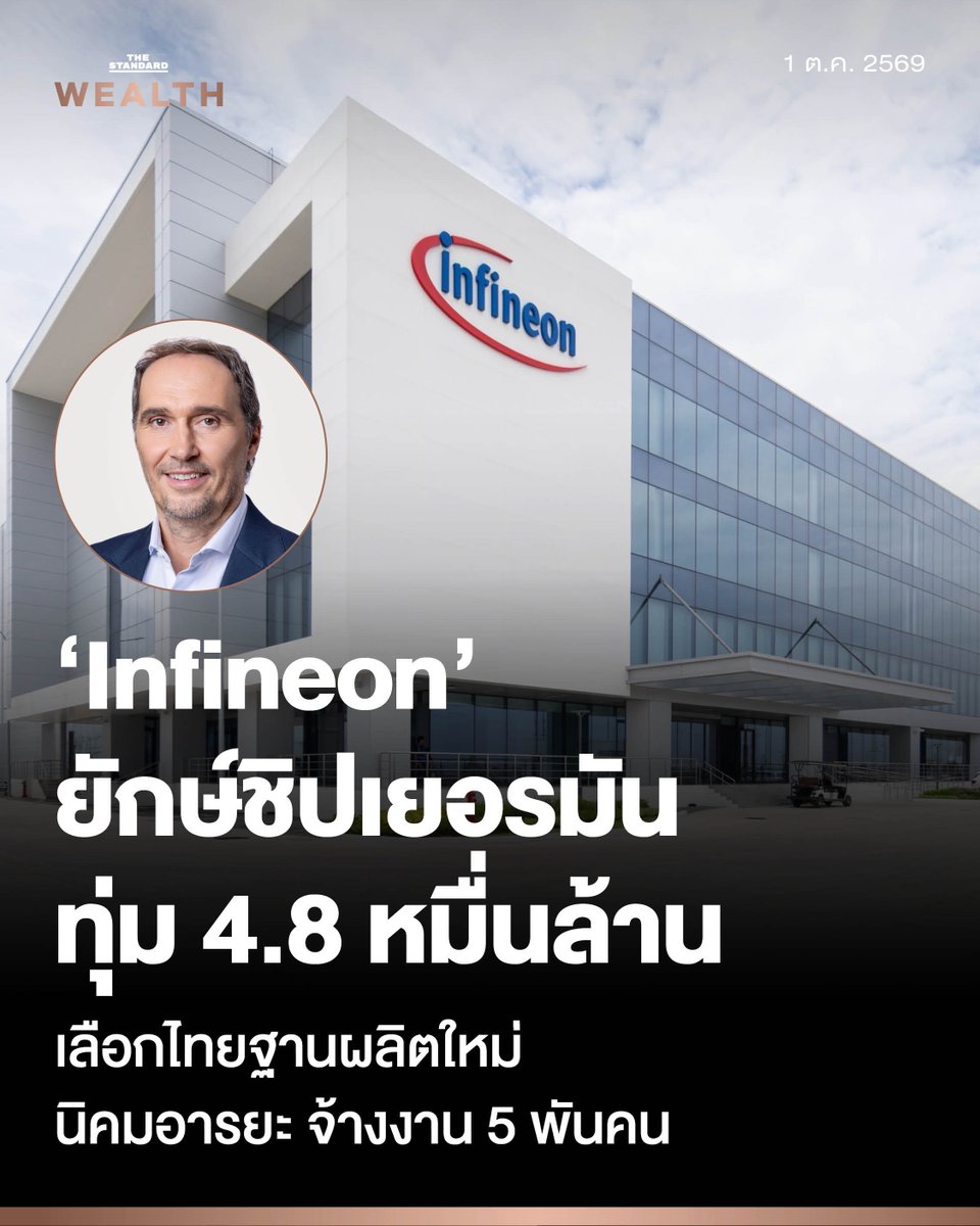 Standard_Wealth's tweet photo. ‘Infineon’ ยักษ์ใหญ่เซมิคอนดักเตอร์เยอรมนี ทุ่ม 4.8 หมื่นล้านบาท ดีเดย์เปิดฐานผลิต Power Module แห่งใหม่ในไทย ขึ้นเป็นฐานผลิตแห่งที่ 3 ของโลก รองรับ EV, Data Center และ AI 

THE STANDARD WEALTH ร่วมสัมภาษณ์พิเศษ Alexander Gorski ประธานเจ้าหน้าที่ฝ่ายปฏิบัติการ (COO) ของ Infineon Technologies AG ถึงเบื้องหลังการตัดสินใจเลือกประเทศไทย

 📌 อ่านบทความเต็มได้ที่ https://t.co/XpOOyhCQMC

#TheStandardWealth
