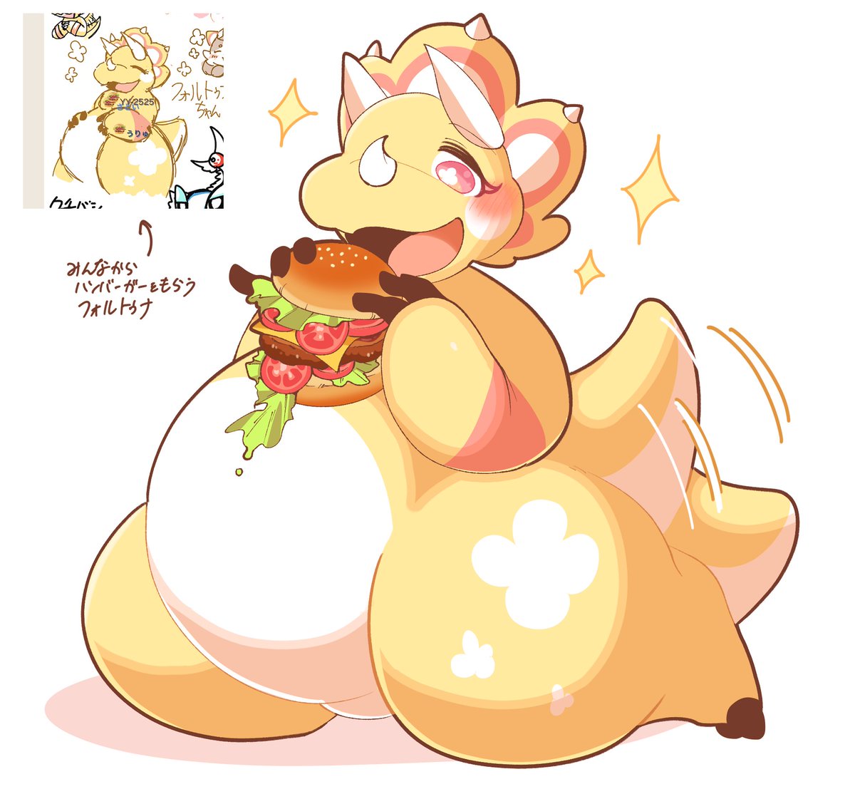 Sagume_Am's tweet photo. 「い、今から、かぶりつきますよぅ……！！✨」

美味しそうなハンバーガーをもらったフォルトゥナ！🍔
フレッシュでジューシー！！このあと5個くらい食べちゃったみたいだ……😋 https://t.co/YuPnbu7wjH
