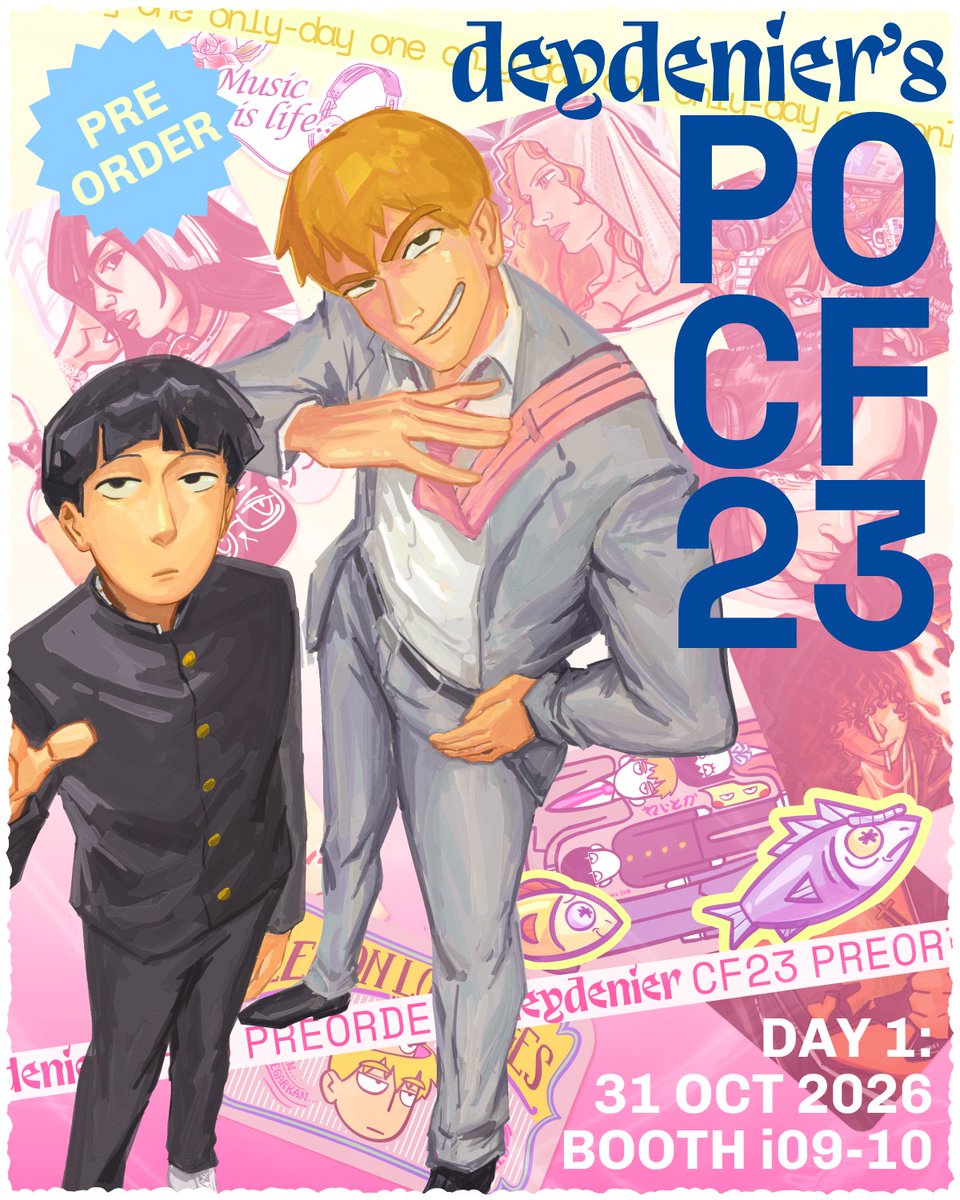 deydenier's tweet photo. RT =❤️‍🔥🎧🕺

#CF23 PO Open!
📅: 1 OKTOBER - 8 OKTOBER
📮: PICK-UP DAY 1 (31 OCT) ONLY / Mail Order JNT
🔗: in replies!
#CF23catalogue #comifuro23
MP100, musicians (details in twt below), movies, rick and morty, karaiko
(1/5) MOB PSYCHO 100 https://t.co/5MQqXi8v5y