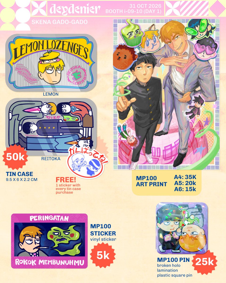 deydenier's tweet photo. RT =❤️‍🔥🎧🕺

#CF23 PO Open!
📅: 1 OKTOBER - 8 OKTOBER
📮: PICK-UP DAY 1 (31 OCT) ONLY / Mail Order JNT
🔗: in replies!
#CF23catalogue #comifuro23
MP100, musicians (details in twt below), movies, rick and morty, karaiko
(1/5) MOB PSYCHO 100 https://t.co/5MQqXi8v5y