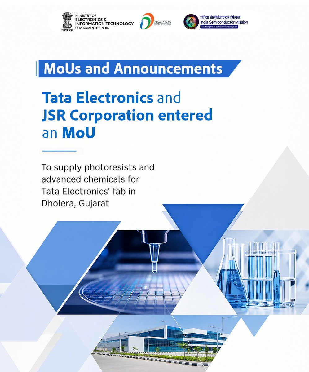 GoI_MeitY's tweet photo. Photoresists and specialised chemicals are essential inputs in semiconductor fabrication. The agreement with JSR adds another important supply-chain connection for @TataElectronics' upcoming fab.

Read: https://t.co/Xnw6tVl7M9

#SEMICONIndia2026 #DigitalIndia @SemiconIndia https://t.co/stAcVhC6f2