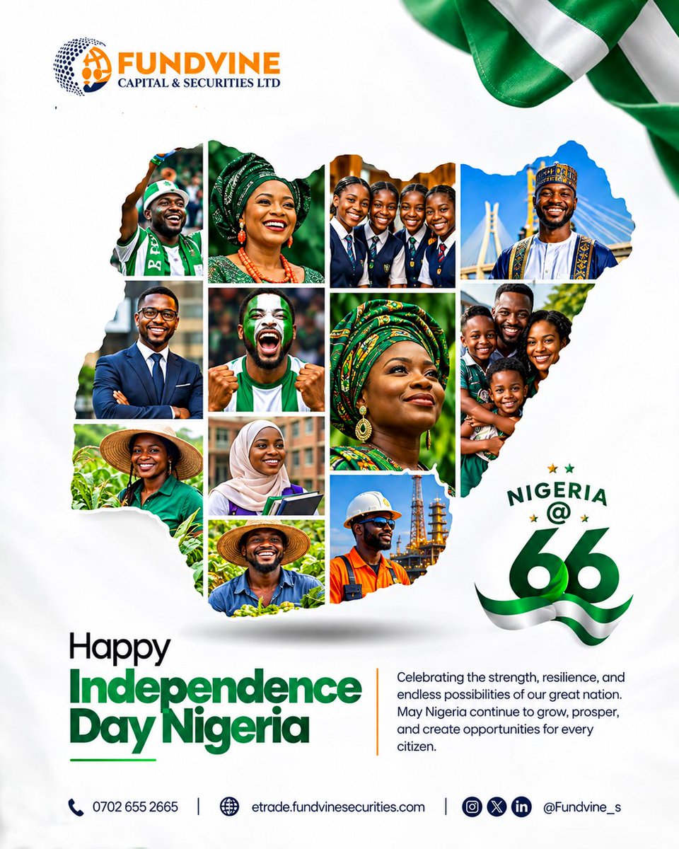 FundvineS's tweet photo. 🇳🇬 Happy Independence Day, Nigeria!

Celebrating our nation's strength, resilience, diversity and endless possibilities.

Here's to a Nigeria of sustainable growth, greater opportunities and shared prosperity.

Happy Independence Day from Fundvine Capital &amp; Securities Ltd. https://t.co/kPWQJWXh8E