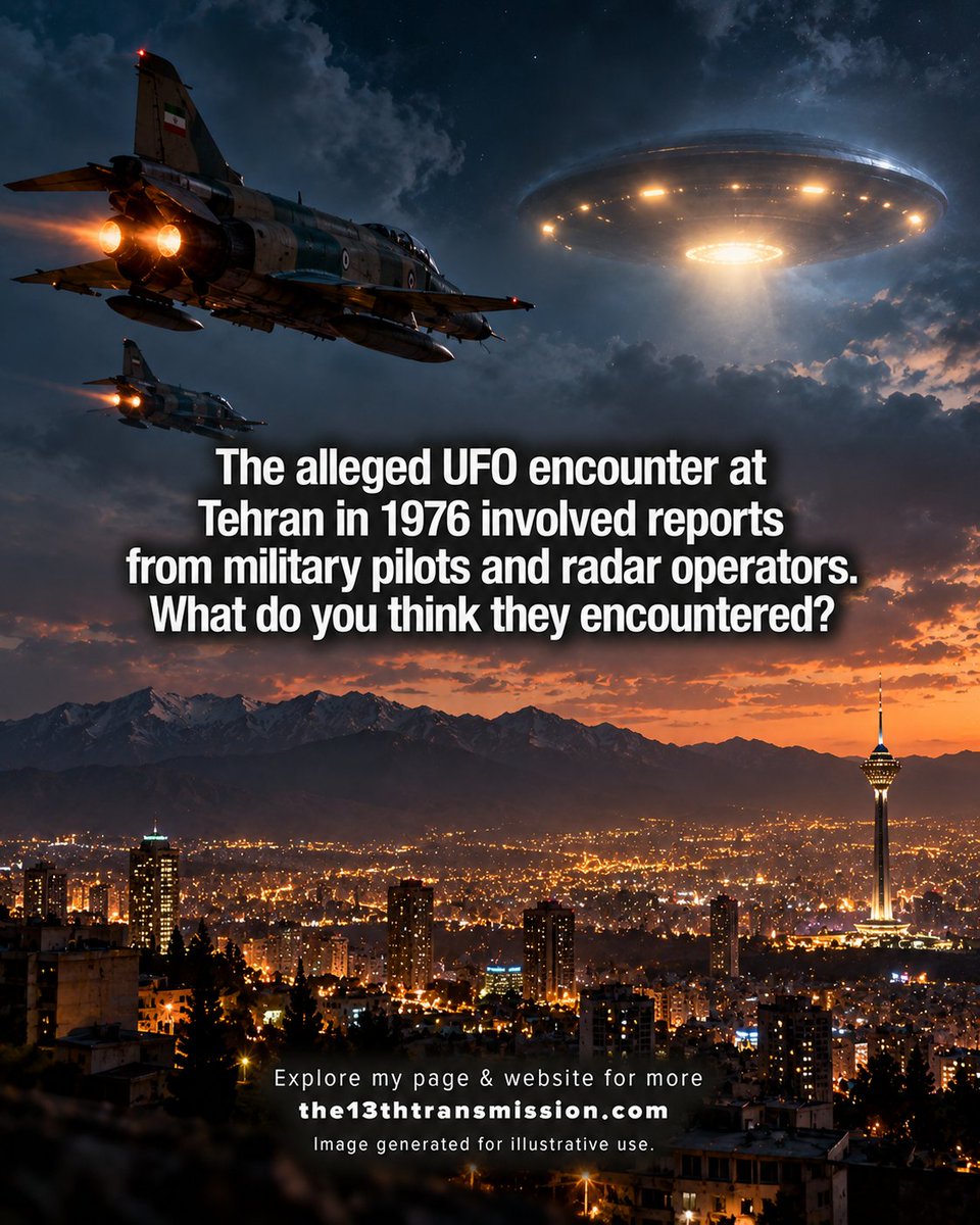 13thXmission's tweet photo. The alleged UFO encounter at Tehran in 1976 involved reports from military pilots and radar operators. What do you think they encountered?

Please note, image generated for illustrative use

@13thXmission  #The13thTransmissionQuestion https://t.co/8zbXegiO9D